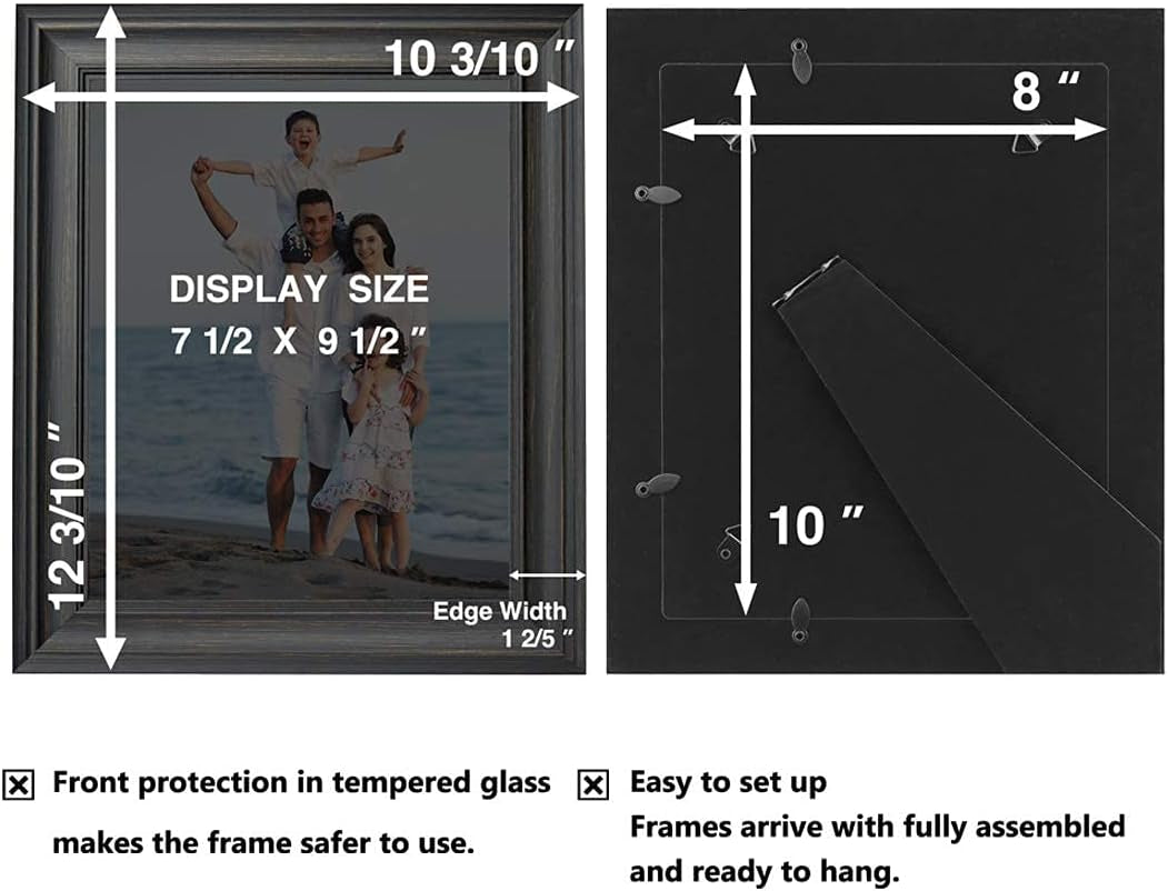 8X10 Picture Frames (3 Pack, Black) Rustic Photo Frame Set with Tempered Glass for Wall Mount & Table Top Display