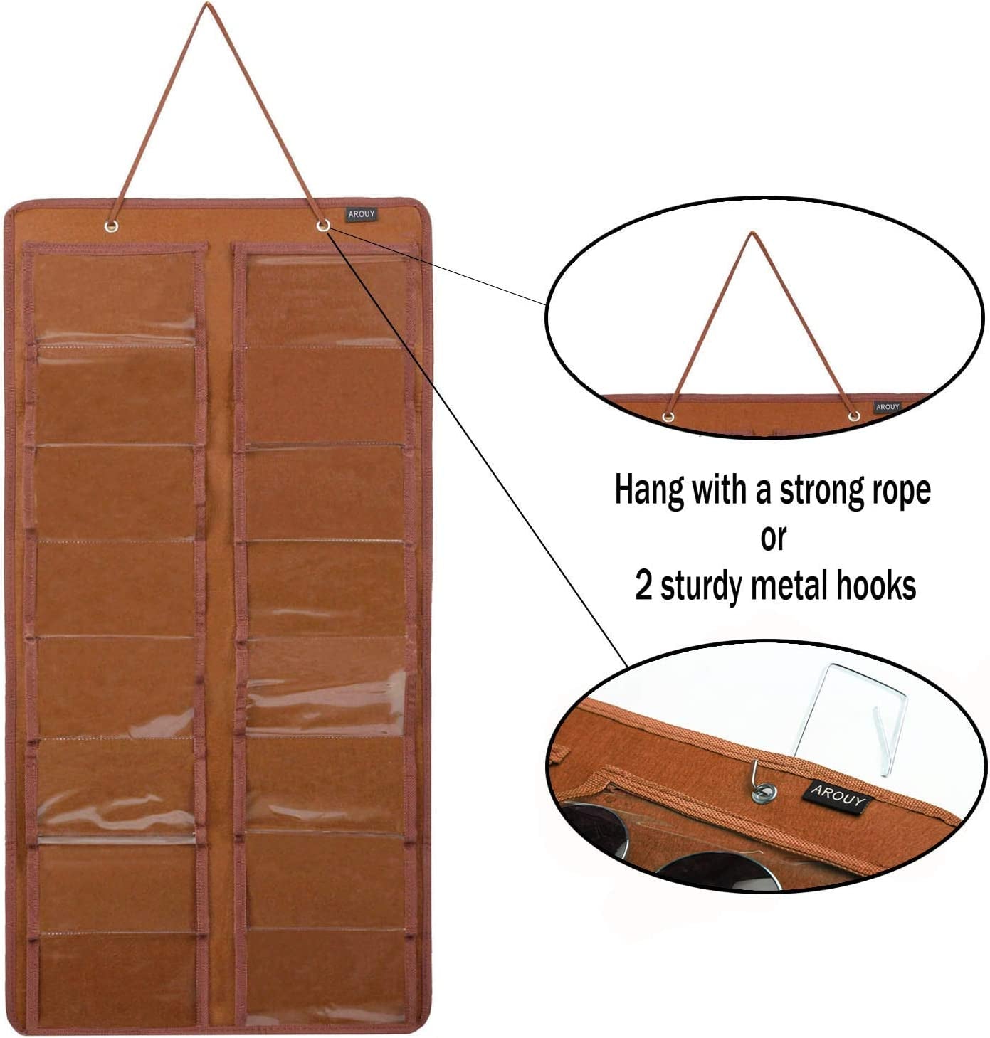 Sunglasses Organizer - Hanging Wall Pocket with 16 Felt Slots, Metal Hook and Sturdy Rope (Brown, Dust Proof)