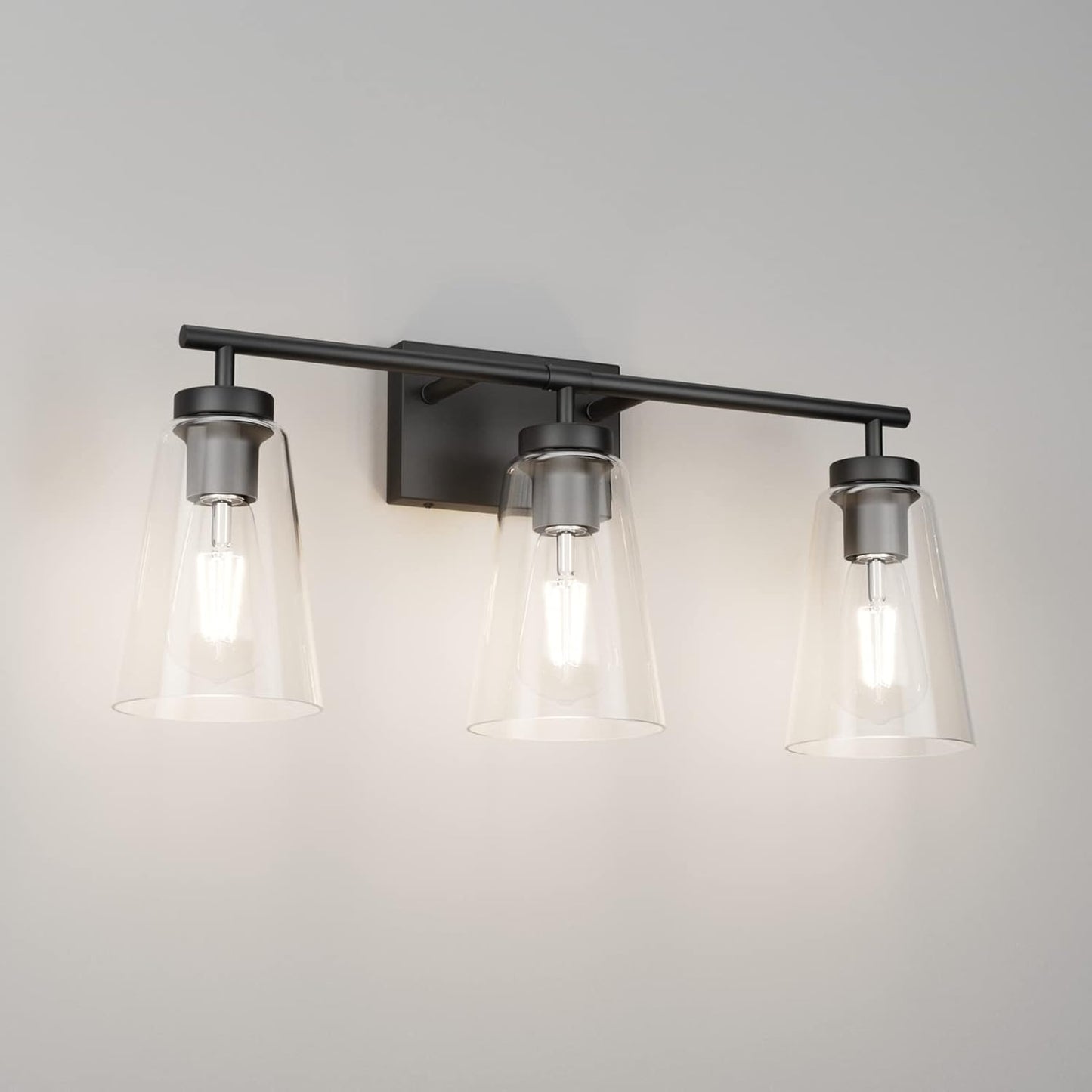 Black Vanity Light Farmhouse Bathroom Light Fixtures Clear Glass Shade 3 Lights Wall Light Fixtures(Exclude Bulb)