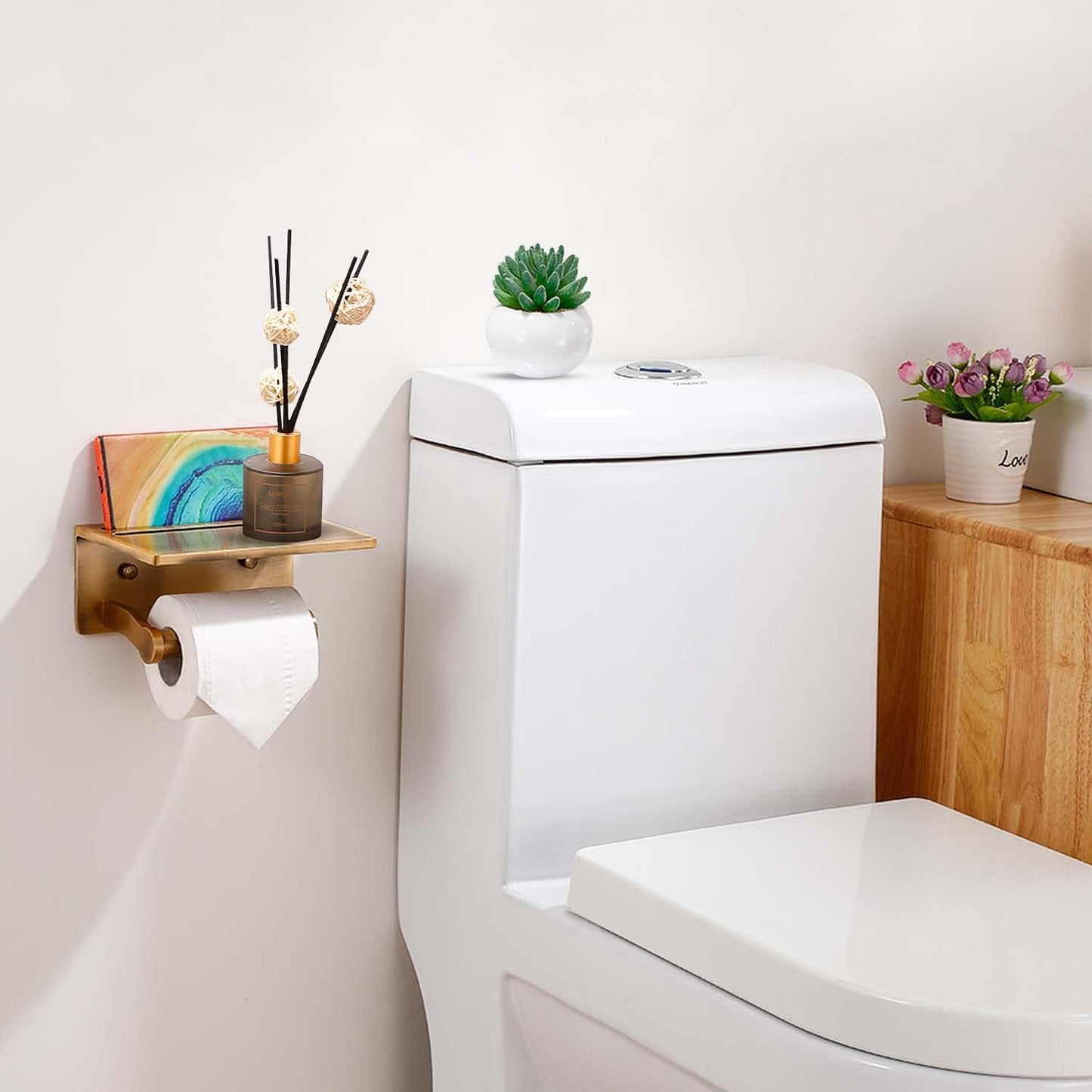 Toilet Paper Holder with Shelf, Aluminum Tissue Roll Dispenser with Mobile Phone Storage Shelf for Bathroom, 3M Self Adhesiv or Wall-Mounted with Screws, Antique Brass