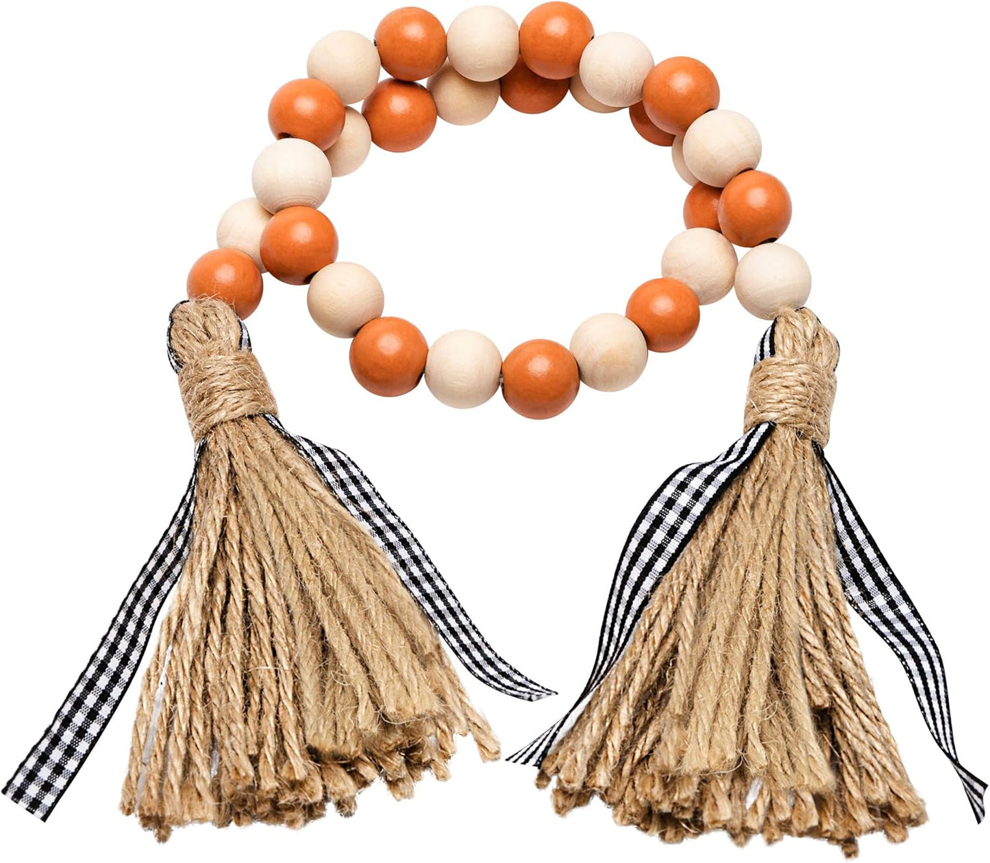 Wood Bead Tassel Garland, Farmhouse Rustic Bead with Jute Rope Plaid Tassel Tray Decoration Retro Room Decor Home String Prayer Wall Décor for Nursery Room Vase Ornament