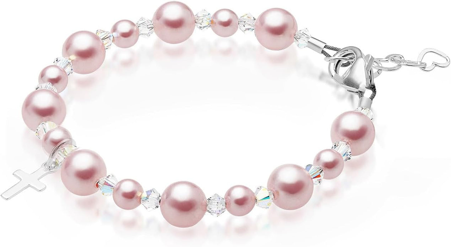 Sterling Silver Cross Charm Pearl Bracelets for Girls - Baptism Gifts for Girl with Rosaline, White Simulated Pearls, First Communion, Christening, Keepsake Girls Jewelry Birthday Gift