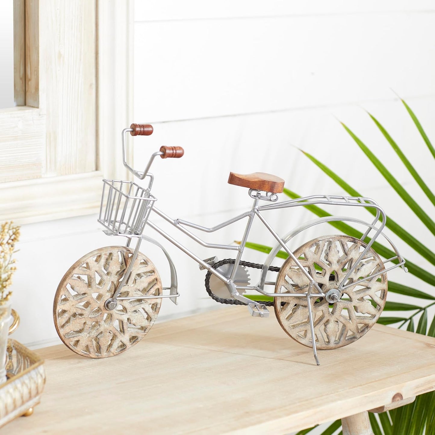 Metal Bike Decorative Sculpture Home Decor Statue with Carved Wood Wheels, Accent Figurine 19" X 5" X 12", Brown