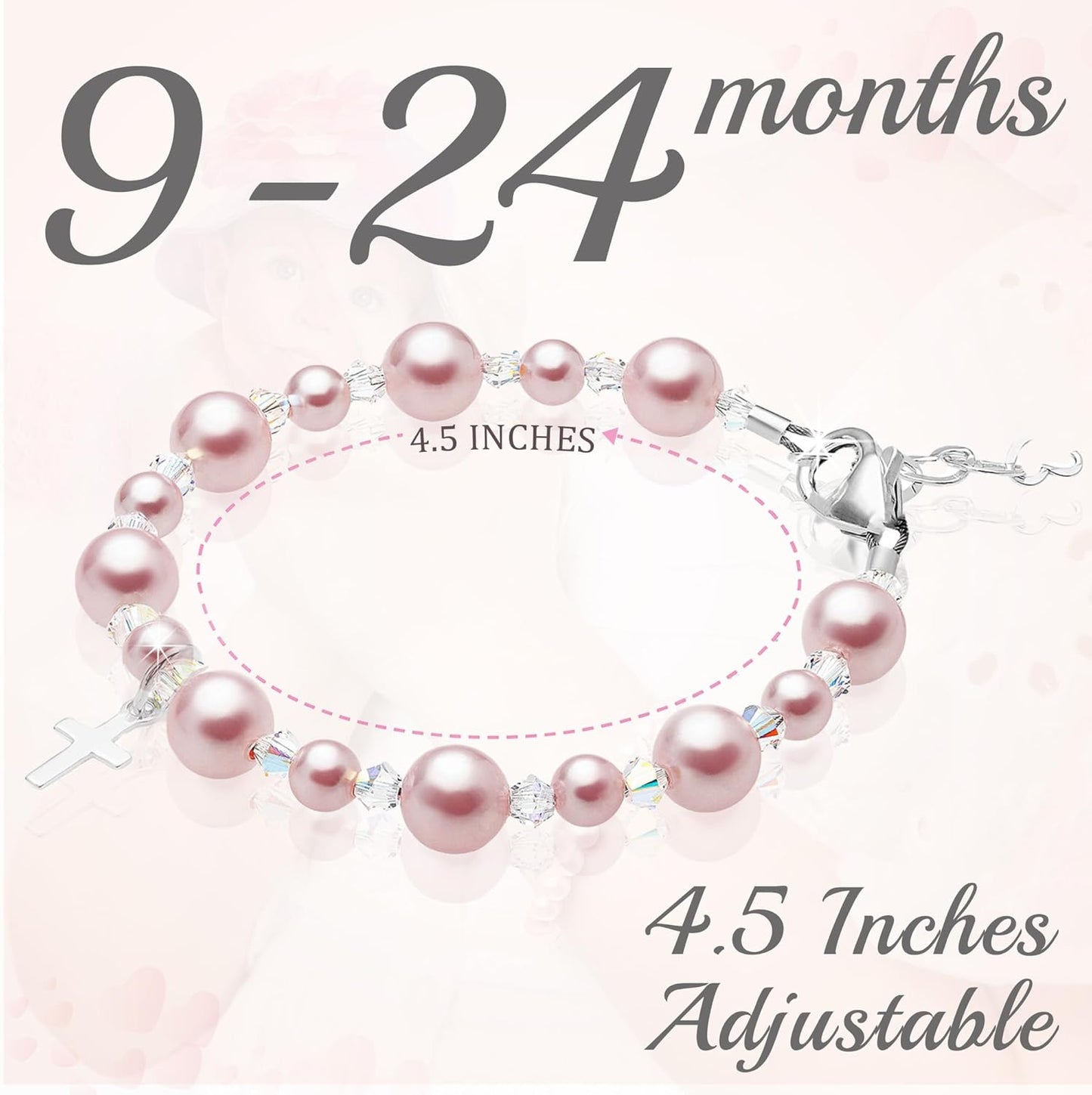 Sterling Silver Cross Charm Pearl Bracelets for Girls - Baptism Gifts for Girl with Rosaline, White Simulated Pearls, First Communion, Christening, Keepsake Girls Jewelry Birthday Gift