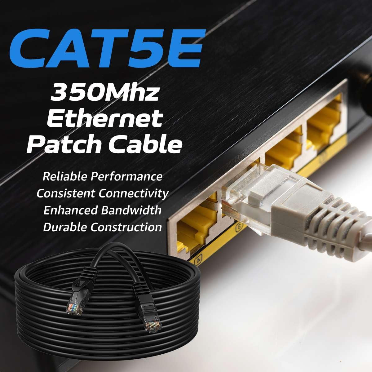 Cat5E 75FT Network Ethernet Patch Cable, 350Mhz Internet Wire, Compatible with PC, Laptop, Modem, Router, Tvs, Printer Cord, Consoles for Home and Office, Black