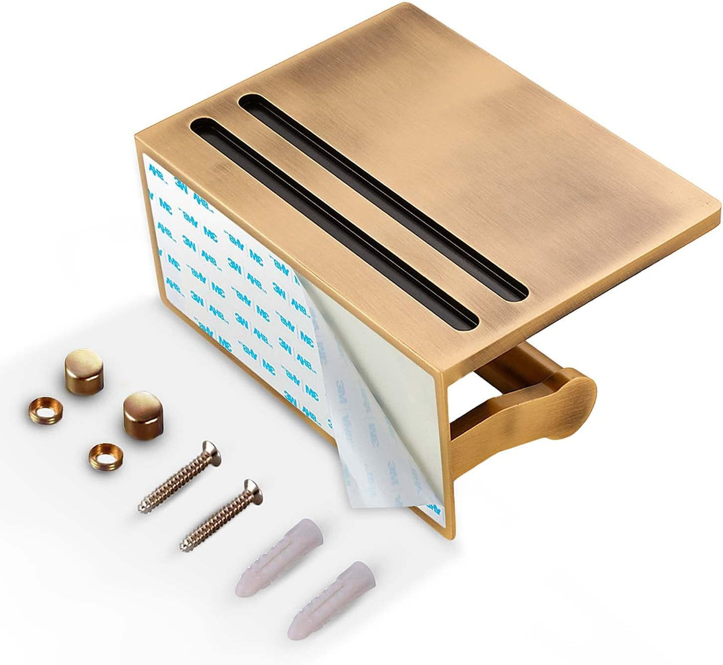 Toilet Paper Holder with Shelf, Aluminum Tissue Roll Dispenser with Mobile Phone Storage Shelf for Bathroom, 3M Self Adhesiv or Wall-Mounted with Screws, Antique Brass