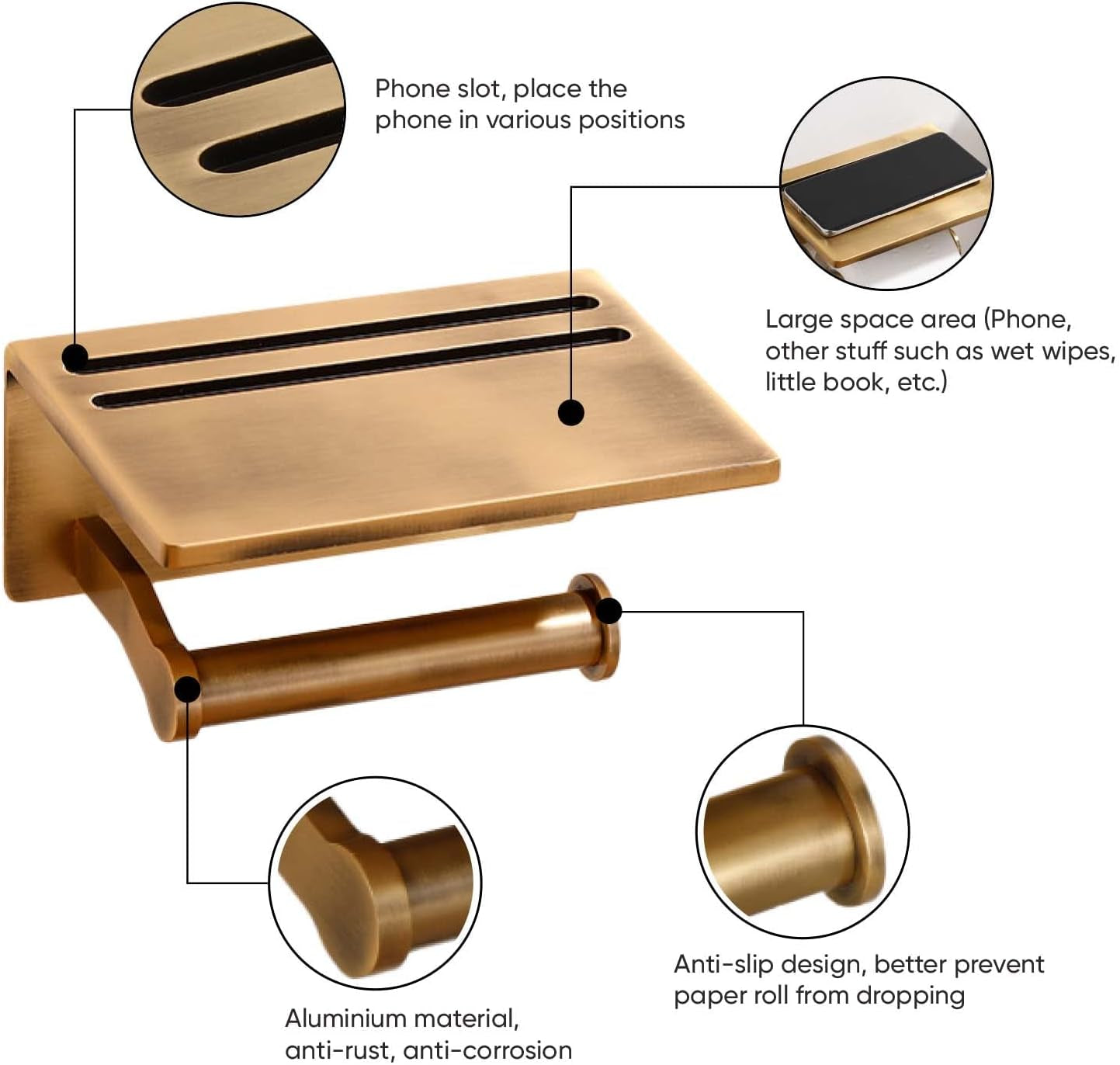 Toilet Paper Holder with Shelf, Aluminum Tissue Roll Dispenser with Mobile Phone Storage Shelf for Bathroom, 3M Self Adhesiv or Wall-Mounted with Screws, Antique Brass
