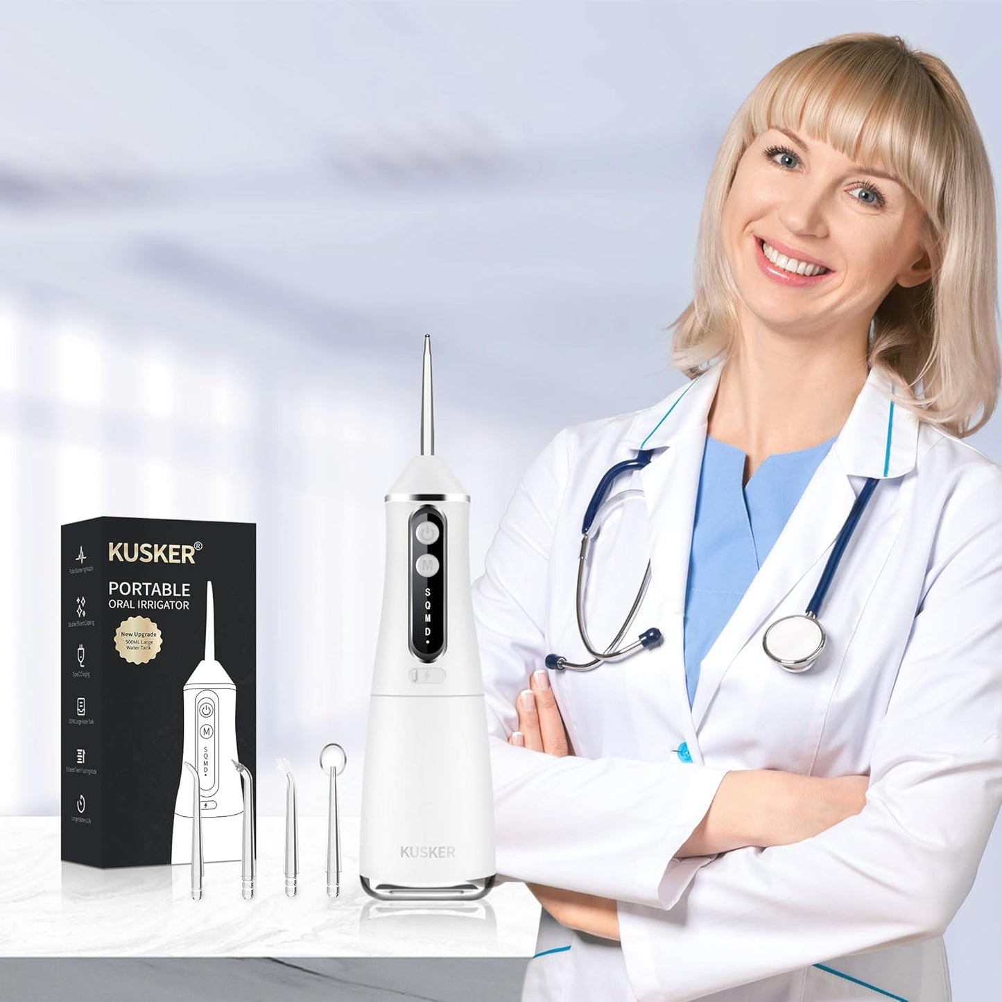 Water Dental Flosser Cordless,  500ML Portable Oral Irrigator for Teeth, 5 Modes and 4 Jet Tips, IPX7 Waterproof, Rechargeable for 30-Days Use, Home, Travel, Braces(White)