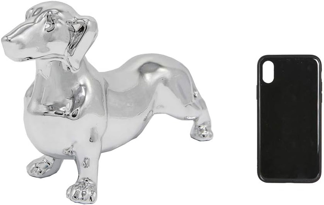 Dachshund Dog Statue - Metallic Silver Standing Ceramic Dachshund Dog Sculpture - Decorative Garden or Home Decor - (10.82' X 3.62' X 6.61')