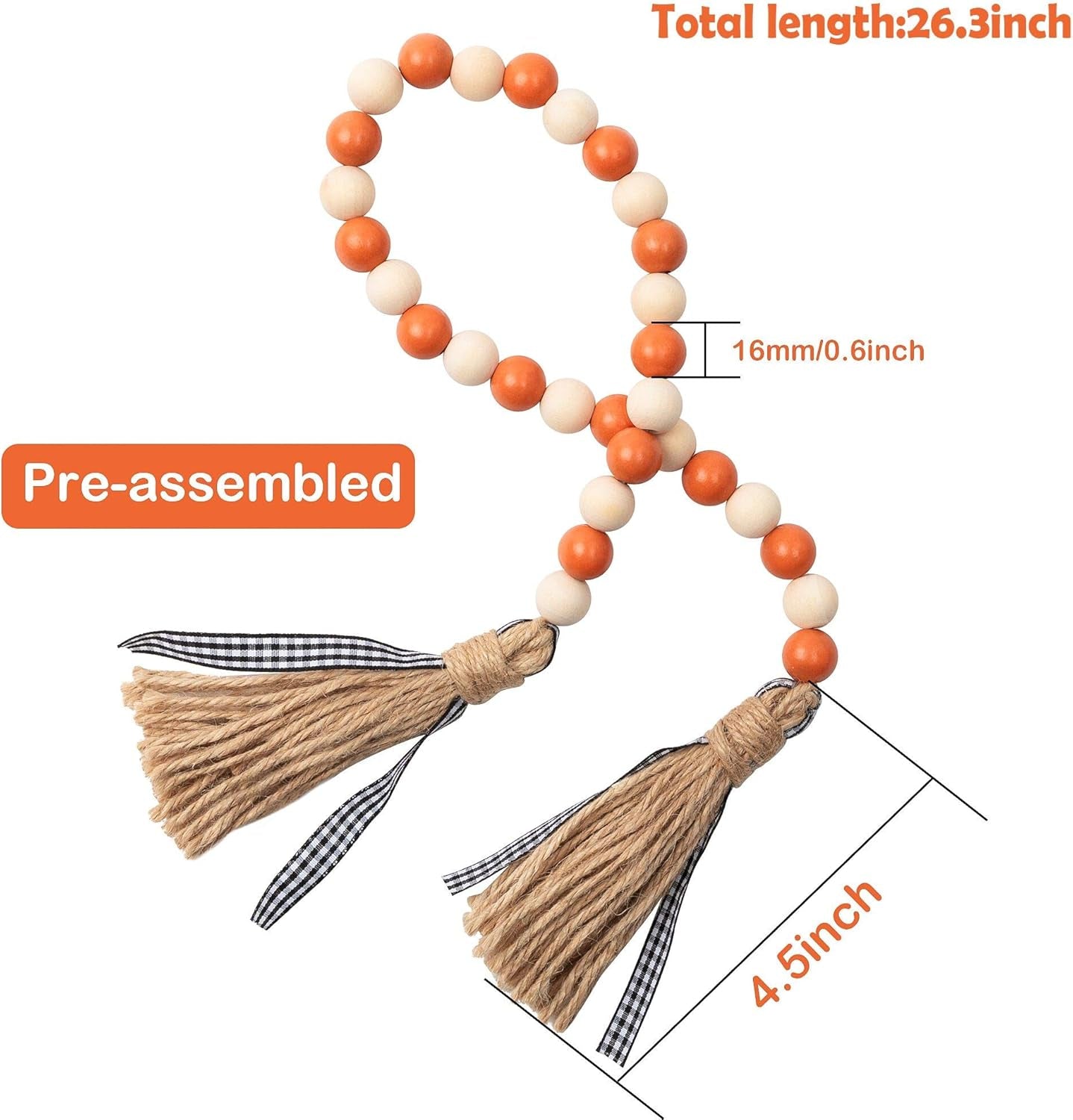 Wood Bead Tassel Garland, Farmhouse Rustic Bead with Jute Rope Plaid Tassel Tray Decoration Retro Room Decor Home String Prayer Wall Décor for Nursery Room Vase Ornament