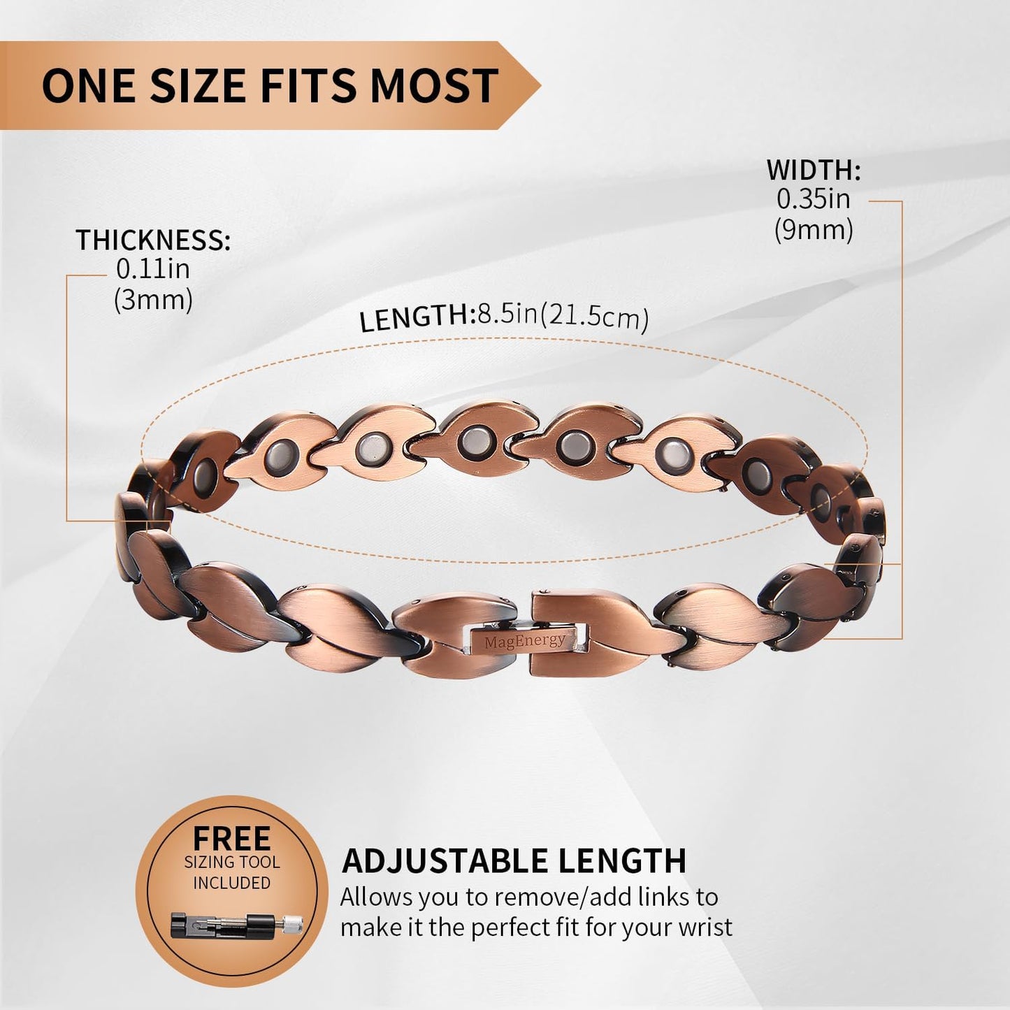 Copper Magnetic Bracelet for Women Links Adjustable Solid Pure Copper Valentine'S Day Gift for Her with Adjustment Tool Jewelry Gifts for Lover, Friends