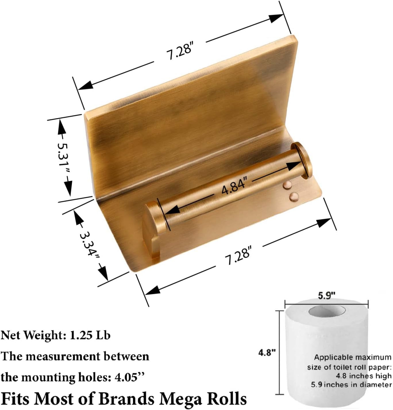 Toilet Paper Holder with Shelf, Aluminum Tissue Roll Dispenser with Mobile Phone Storage Shelf for Bathroom, 3M Self Adhesiv or Wall-Mounted with Screws, Antique Brass