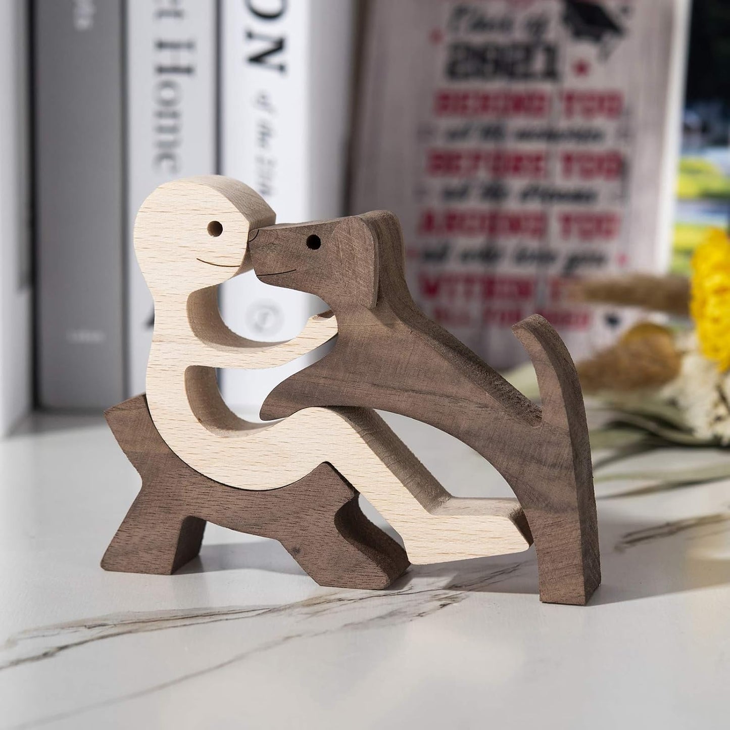 Wooden Dog Cat Family Statue, Handmade Wood Decoration, Cute Puppy, Kitty and People Statue Sculpture Ornament Collectible Figurine Craft Arts for Home, Office, Living Room (Men+Puppy(S))