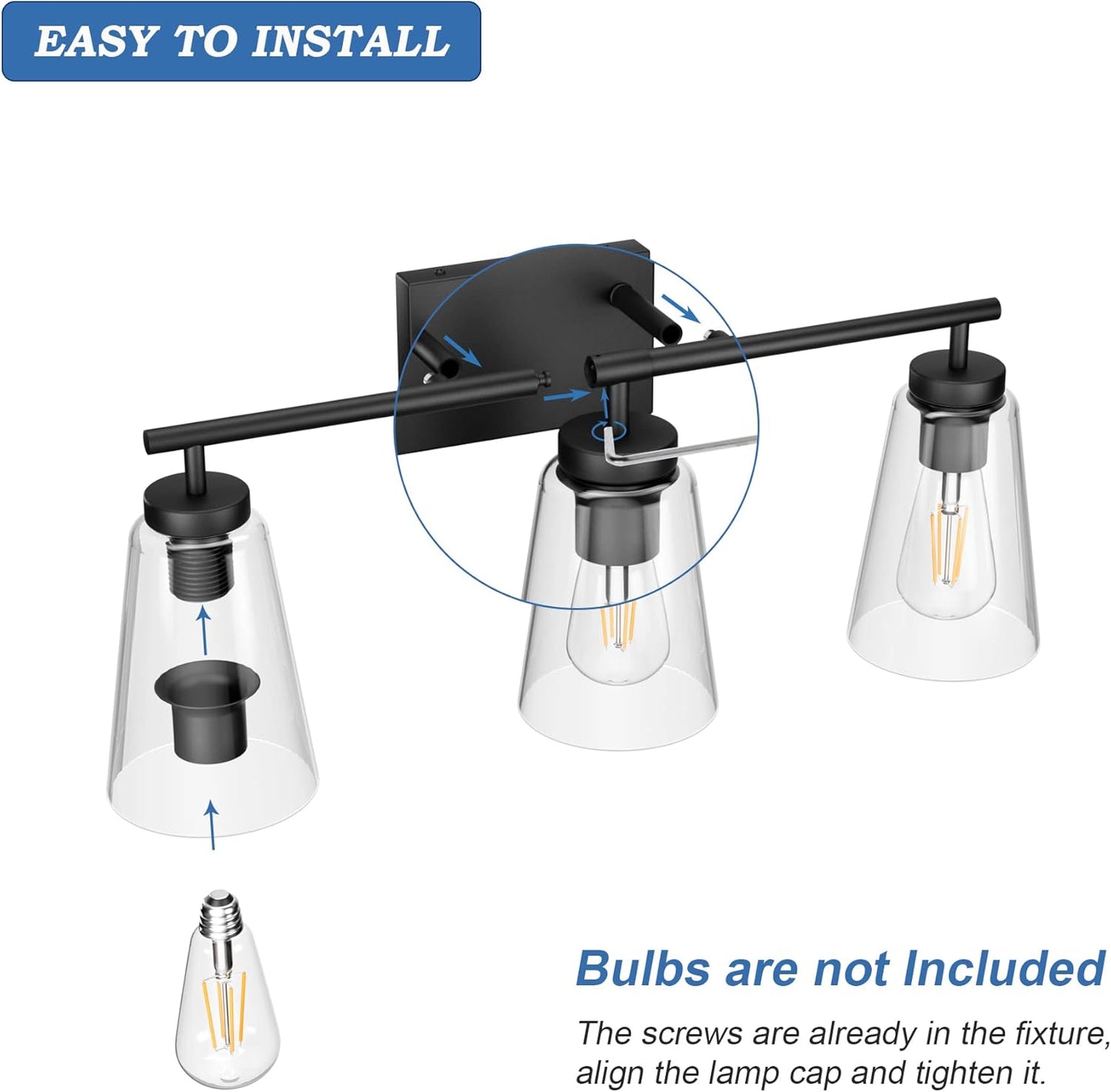 Black Vanity Light Farmhouse Bathroom Light Fixtures Clear Glass Shade 3 Lights Wall Light Fixtures(Exclude Bulb)
