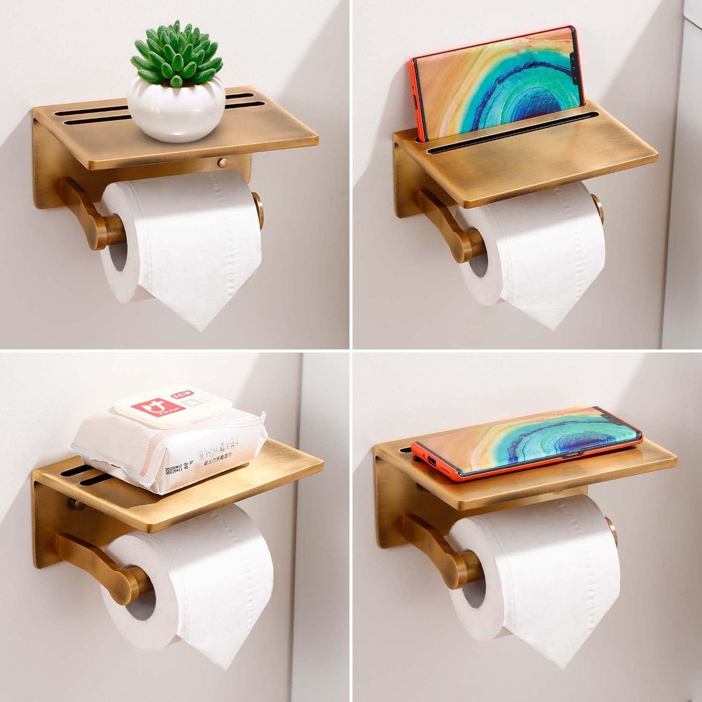 Toilet Paper Holder with Shelf, Aluminum Tissue Roll Dispenser with Mobile Phone Storage Shelf for Bathroom, 3M Self Adhesiv or Wall-Mounted with Screws, Antique Brass