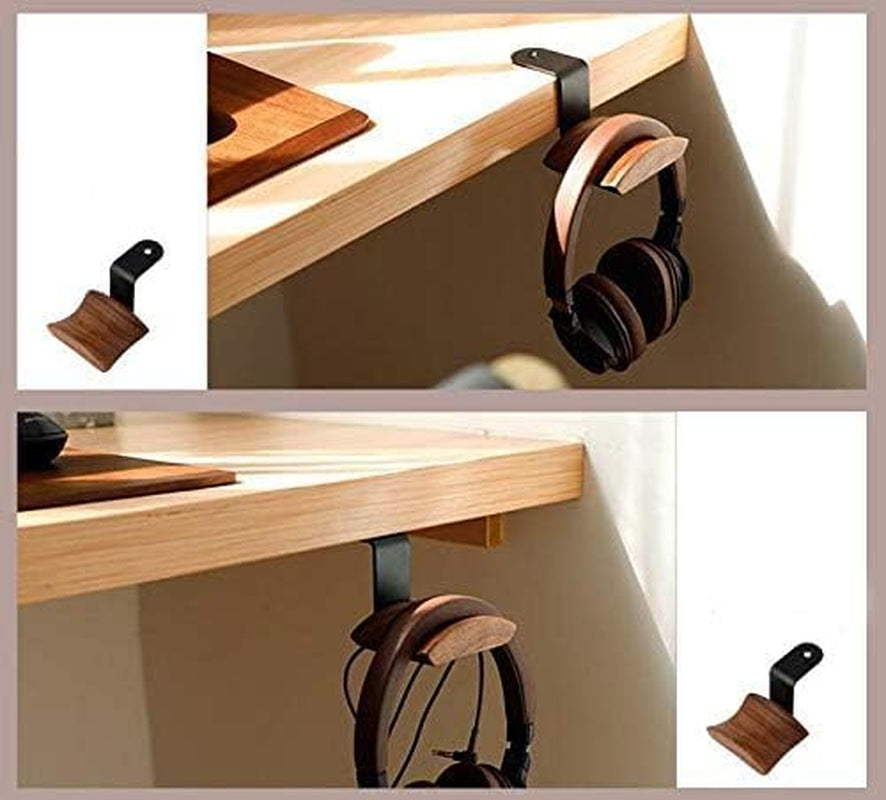 Under-Desk Mount Headphone Hanger Headset Stand Hook Walnut Wood Headphone Holder Rack Hook for Audio,Studio & Gaming Headphones