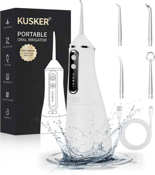 Water Dental Flosser Cordless,  500ML Portable Oral Irrigator for Teeth, 5 Modes and 4 Jet Tips, IPX7 Waterproof, Rechargeable for 30-Days Use, Home, Travel, Braces(White)