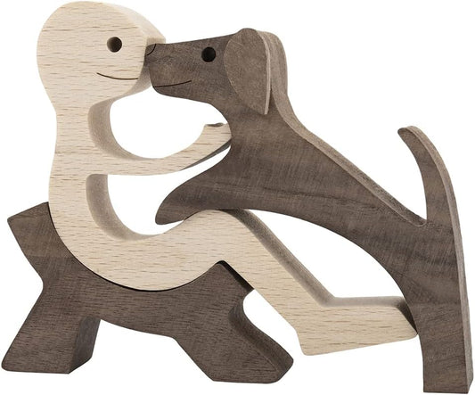 Wooden Dog Cat Family Statue, Handmade Wood Decoration, Cute Puppy, Kitty and People Statue Sculpture Ornament Collectible Figurine Craft Arts for Home, Office, Living Room (Men+Puppy（S）)