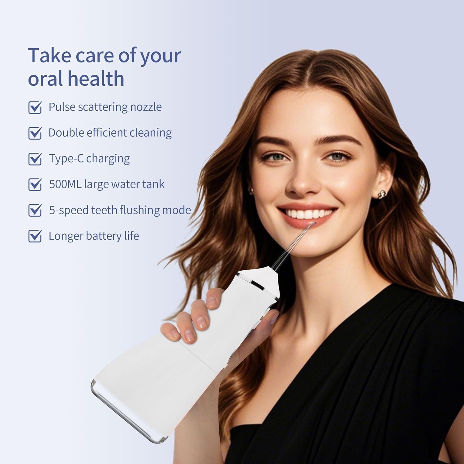 Water Dental Flosser Cordless,  500ML Portable Oral Irrigator for Teeth, 5 Modes and 4 Jet Tips, IPX7 Waterproof, Rechargeable for 30-Days Use, Home, Travel, Braces(White)