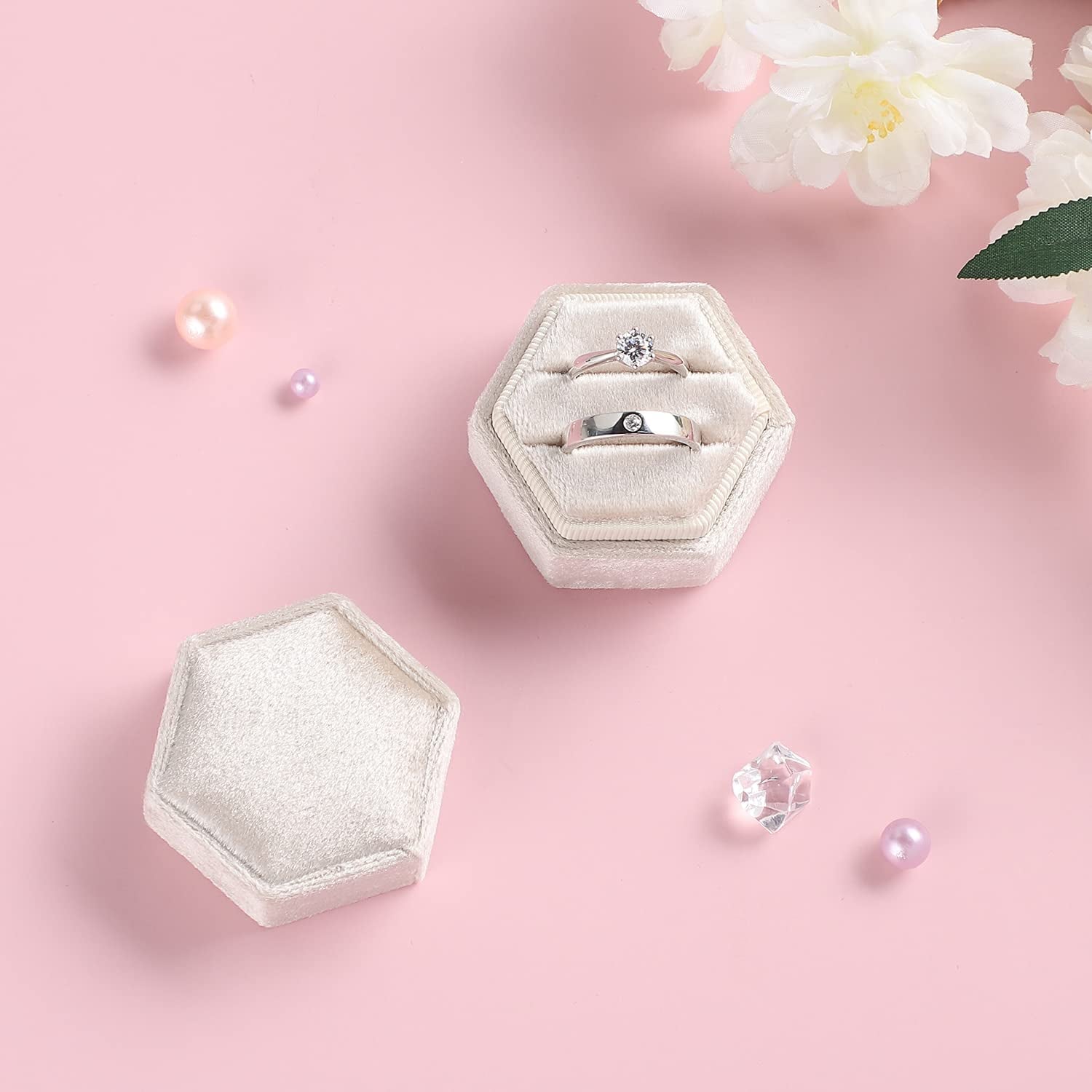 Velvet Jewelry Ring Box, Hexagon Premium Gorgeous Vintage Double Ring Gift Box with Detachable Lid for Proposal Engagement Wedding Ceremony(Beige)