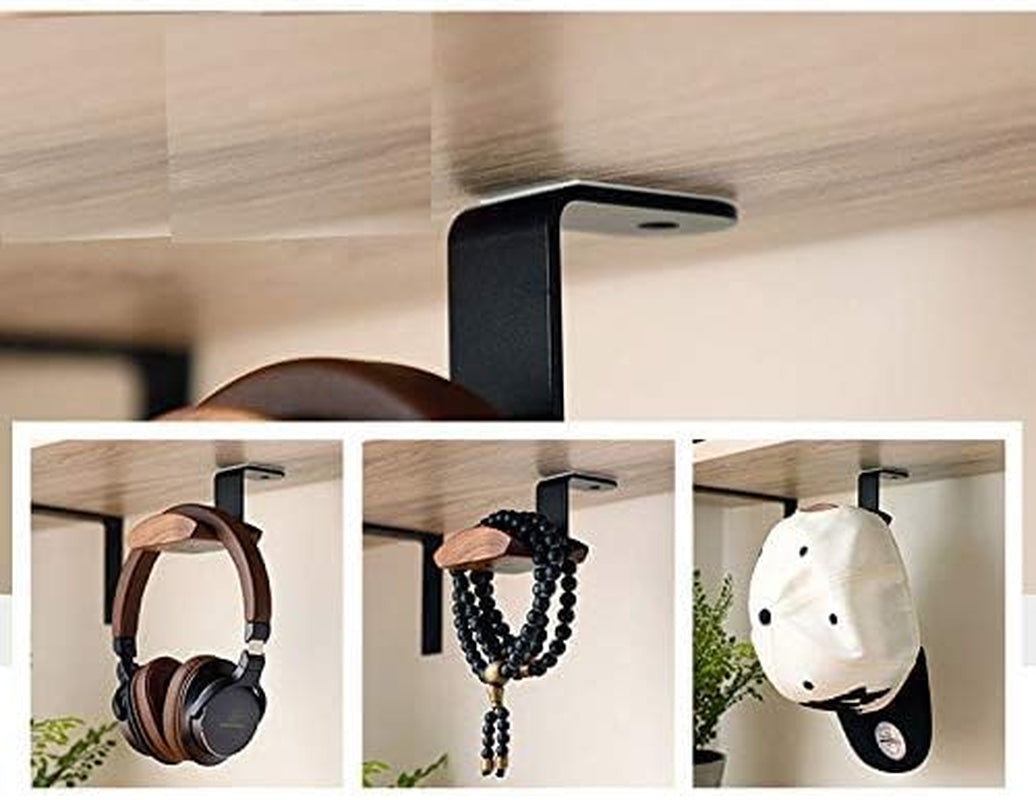 Under-Desk Mount Headphone Hanger Headset Stand Hook Walnut Wood Headphone Holder Rack Hook for Audio,Studio & Gaming Headphones