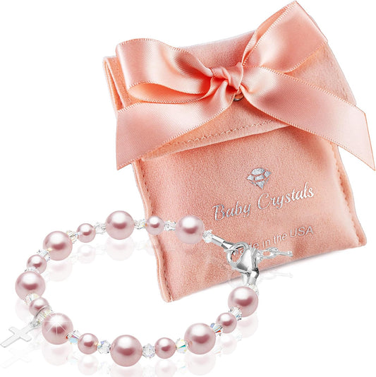 Sterling Silver Cross Charm Pearl Bracelets for Girls - Baptism Gifts for Girl with Rosaline, White Simulated Pearls, First Communion, Christening, Keepsake Girls Jewelry Birthday Gift