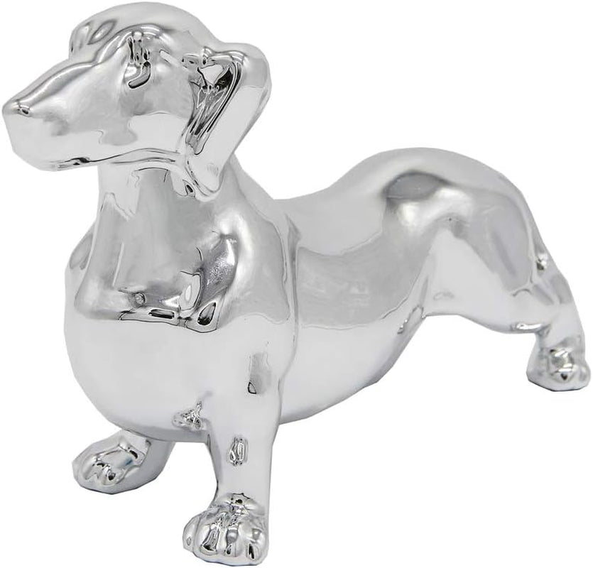 Dachshund Dog Statue - Metallic Silver Standing Ceramic Dachshund Dog Sculpture - Decorative Garden or Home Decor - (10.82' X 3.62' X 6.61')