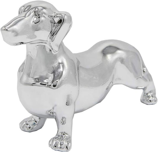 Dachshund Dog Statue - Metallic Silver Standing Ceramic Dachshund Dog Sculpture - Decorative Garden or Home Decor - (10.82' X 3.62' X 6.61')