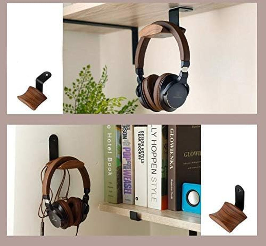 Under-Desk Mount Headphone Hanger Headset Stand Hook Walnut Wood Headphone Holder Rack Hook for Audio,Studio & Gaming Headphones