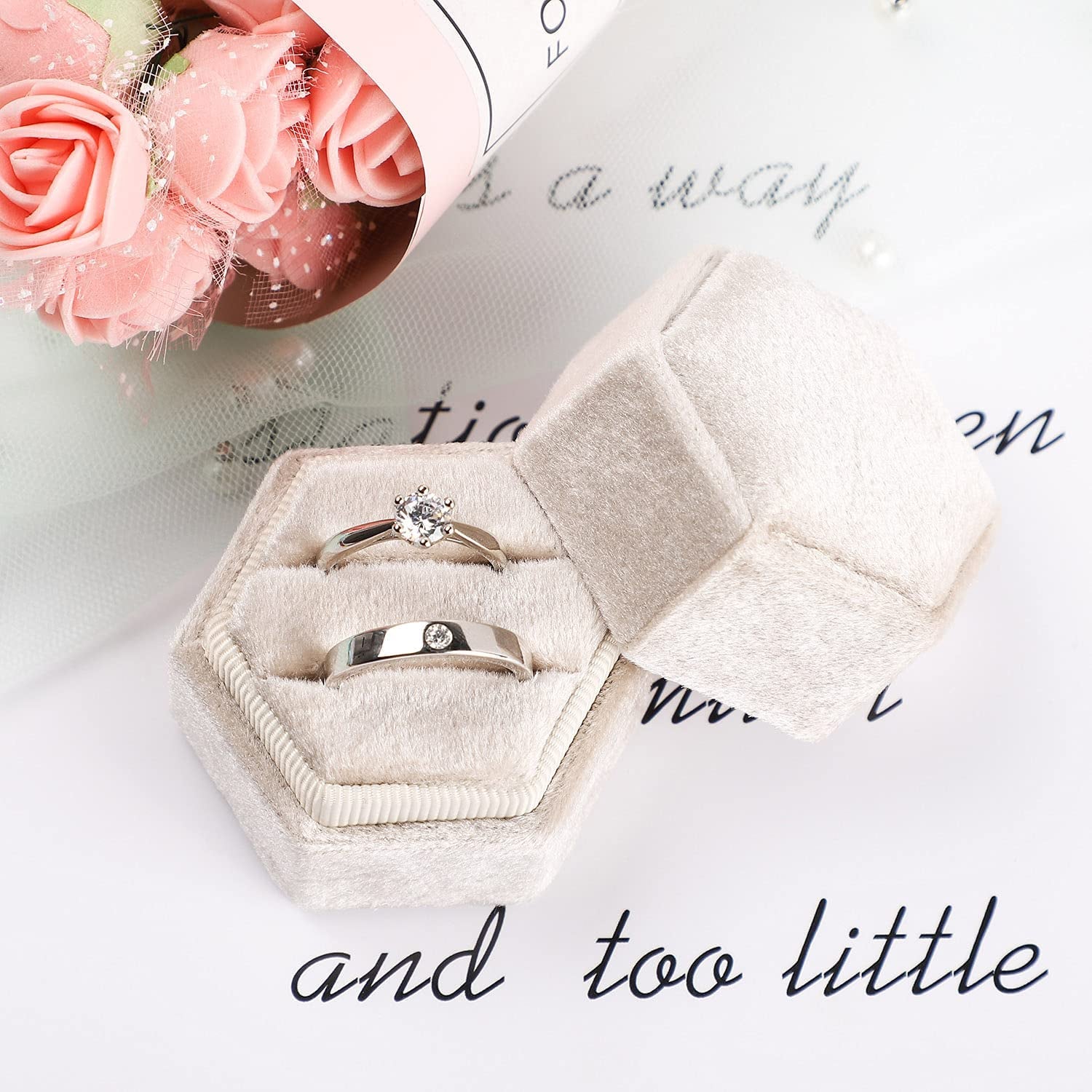 Velvet Jewelry Ring Box, Hexagon Premium Gorgeous Vintage Double Ring Gift Box with Detachable Lid for Proposal Engagement Wedding Ceremony(Beige)