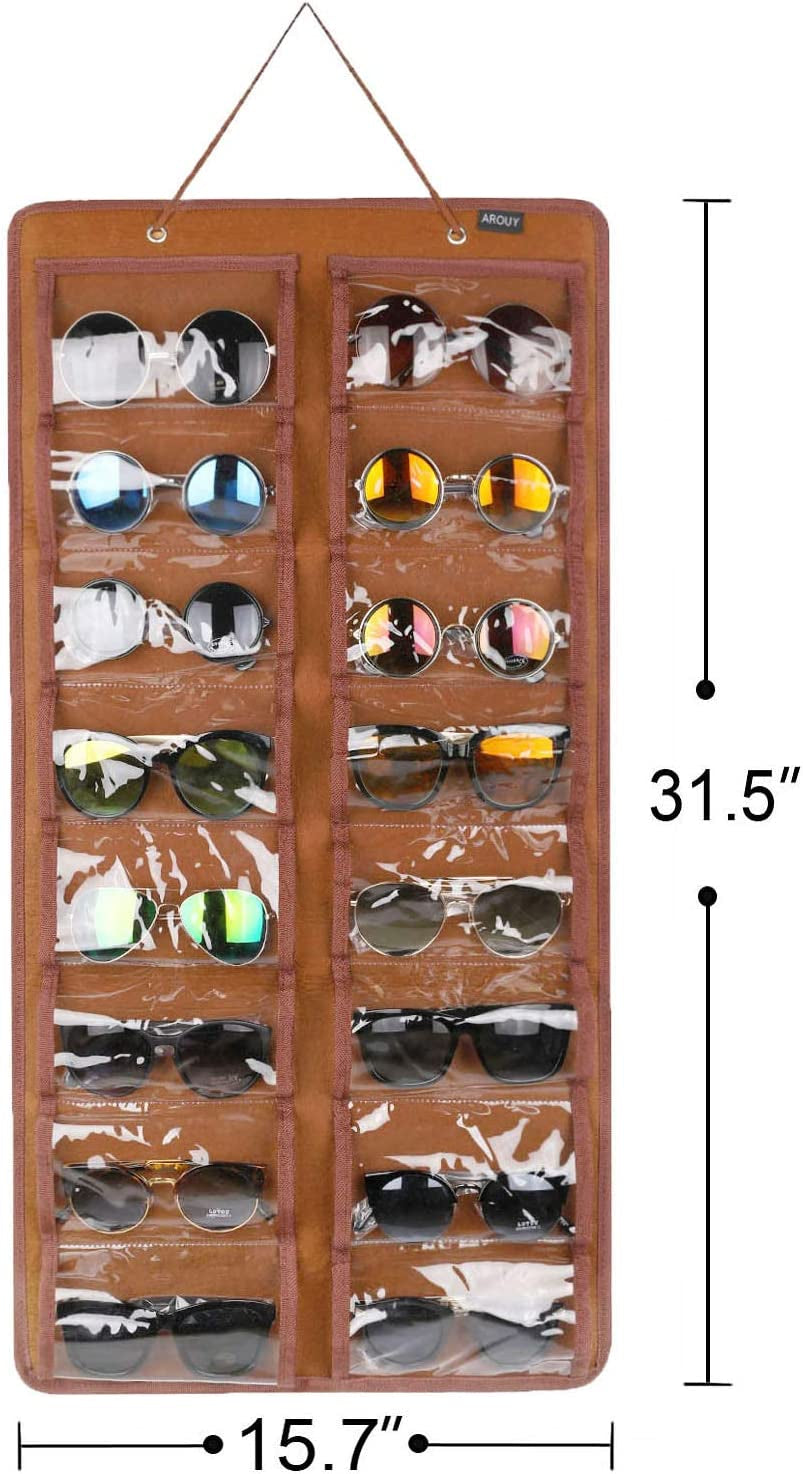 Sunglasses Organizer - Hanging Wall Pocket with 16 Felt Slots, Metal Hook and Sturdy Rope (Brown, Dust Proof)