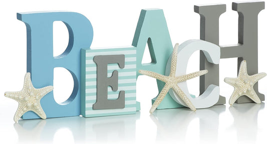 Wooden Beach Word Sign with Trio of Loose Starfish - Tropical Beach Home Decor