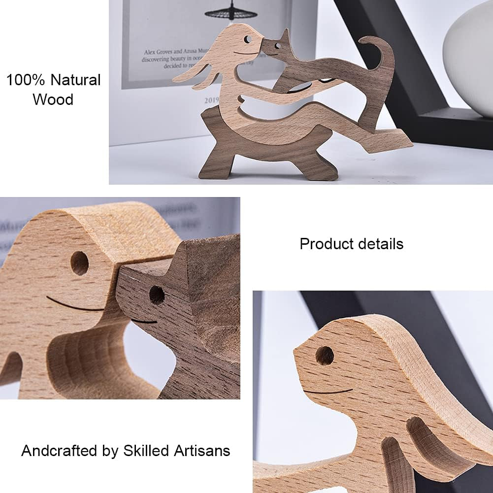 Wooden Dog Cat Family Statue, Handmade Wood Decoration, Cute Puppy, Kitty and People Statue Sculpture Ornament Collectible Figurine Craft Arts for Home, Office, Living Room (Men+Puppy（S）)