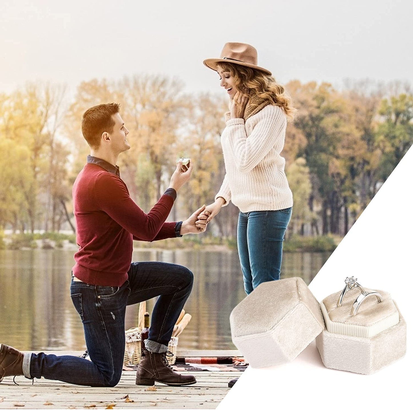 Velvet Jewelry Ring Box, Hexagon Premium Gorgeous Vintage Double Ring Gift Box with Detachable Lid for Proposal Engagement Wedding Ceremony(Beige)