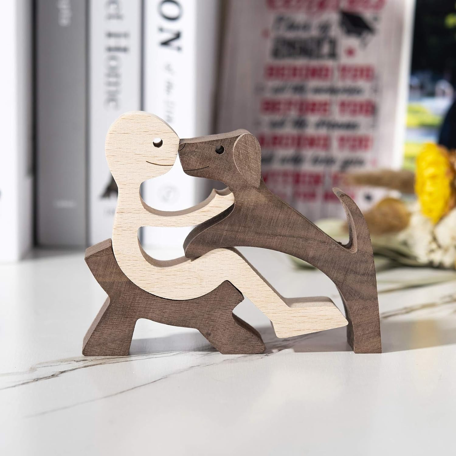 Wooden Dog Cat Family Statue, Handmade Wood Decoration, Cute Puppy, Kitty and People Statue Sculpture Ornament Collectible Figurine Craft Arts for Home, Office, Living Room (Men+Puppy（S）)