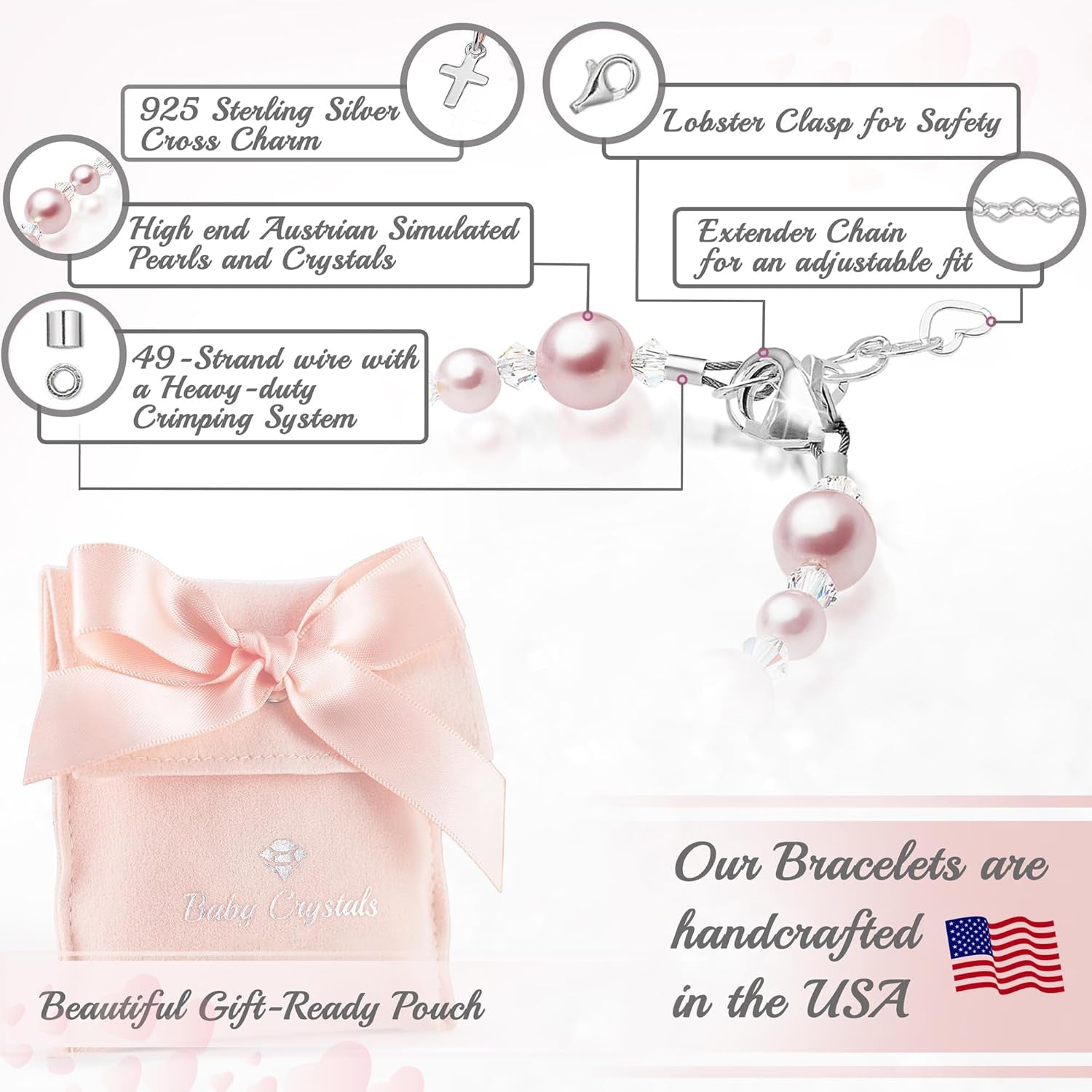 Sterling Silver Cross Charm Pearl Bracelets for Girls - Baptism Gifts for Girl with Rosaline, White Simulated Pearls, First Communion, Christening, Keepsake Girls Jewelry Birthday Gift