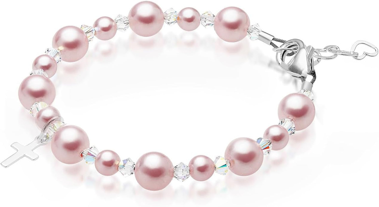 Sterling Silver Cross Charm Pearl Bracelets for Girls - Baptism Gifts for Girl with Rosaline, White Simulated Pearls, First Communion, Christening, Keepsake Girls Jewelry Birthday Gift