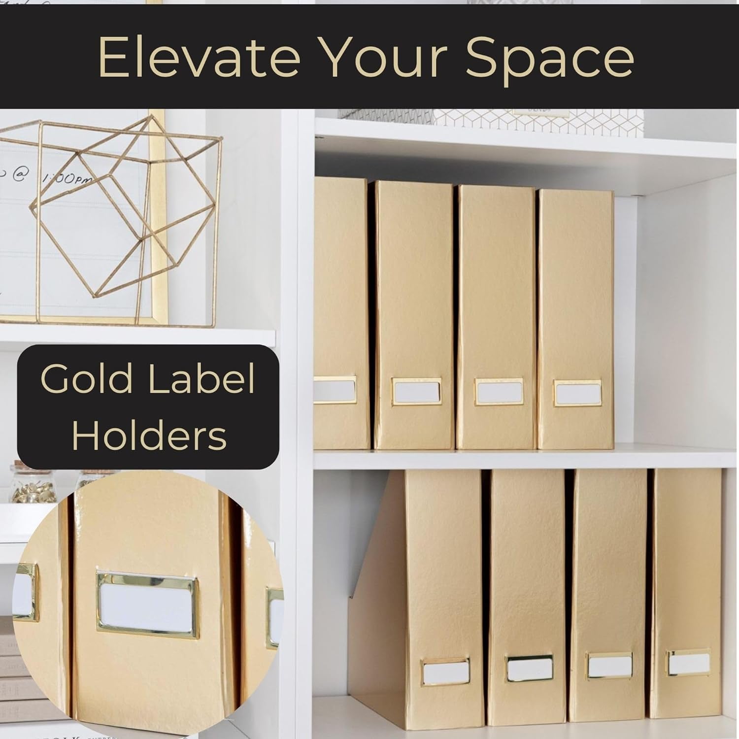 Gold Magazine File Holder Set of 4 – Stylish Desk Organizer for Home & Office - Elegant Supplies, Bookends & Durable File Holders for a Gold Office Decor