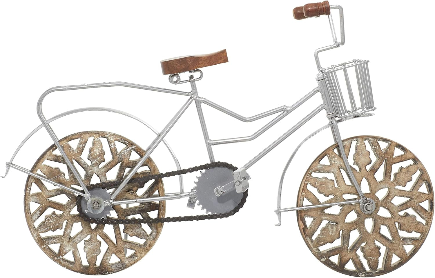 Metal Bike Decorative Sculpture Home Decor Statue with Carved Wood Wheels, Accent Figurine 19" X 5" X 12", Brown