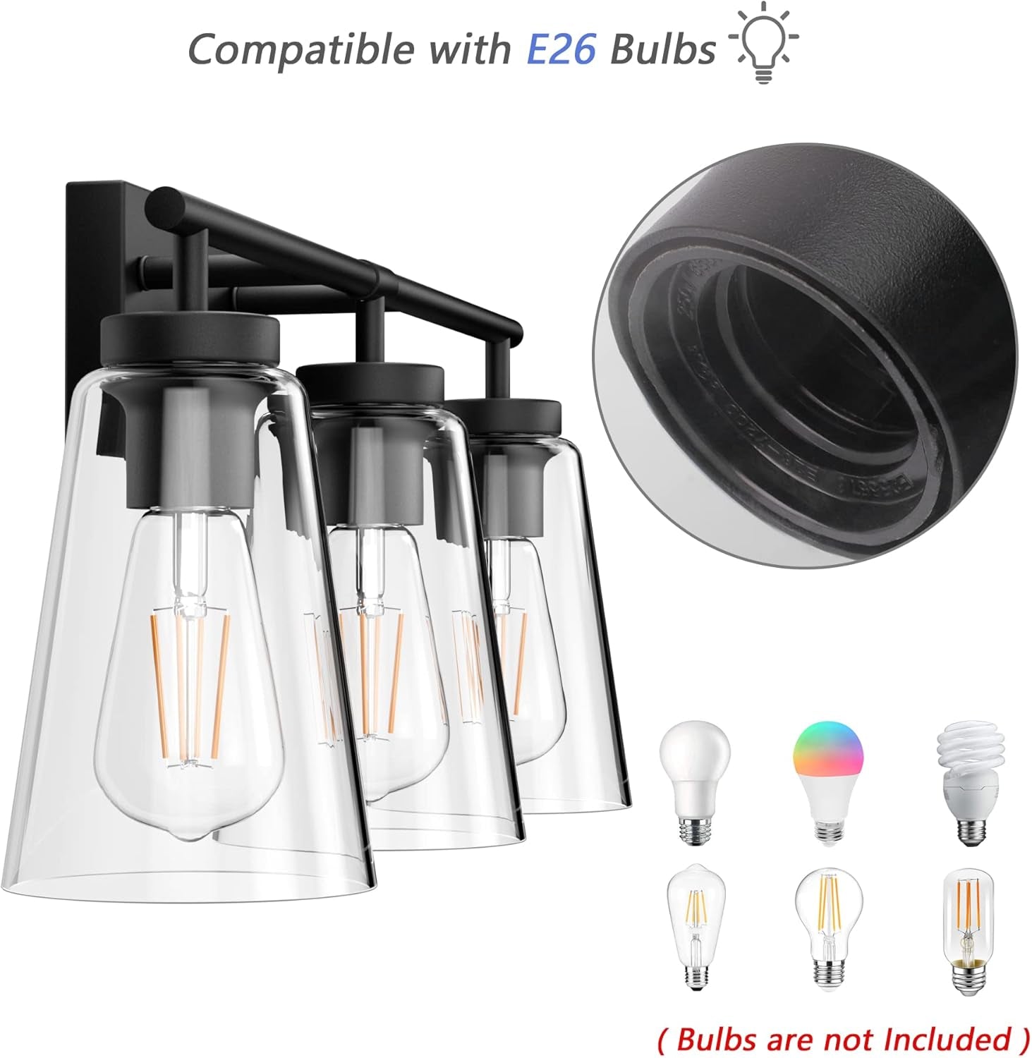 Black Vanity Light Farmhouse Bathroom Light Fixtures Clear Glass Shade 3 Lights Wall Light Fixtures(Exclude Bulb)