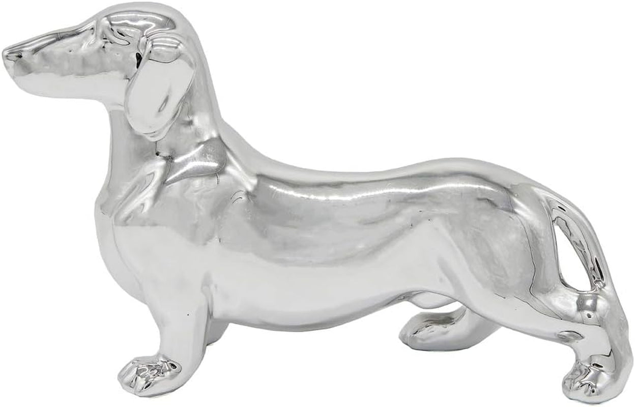 Dachshund Dog Statue - Metallic Silver Standing Ceramic Dachshund Dog Sculpture - Decorative Garden or Home Decor - (10.82' X 3.62' X 6.61')