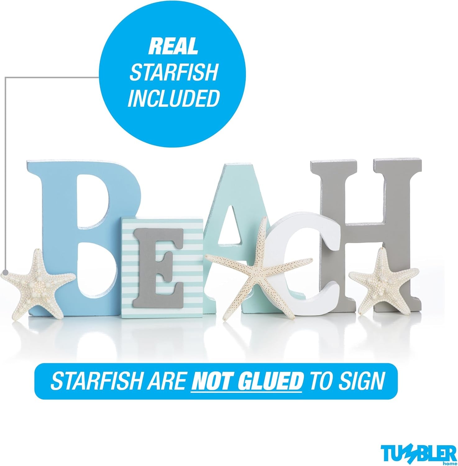 Wooden Beach Word Sign with Trio of Loose Starfish - Tropical Beach Home Decor