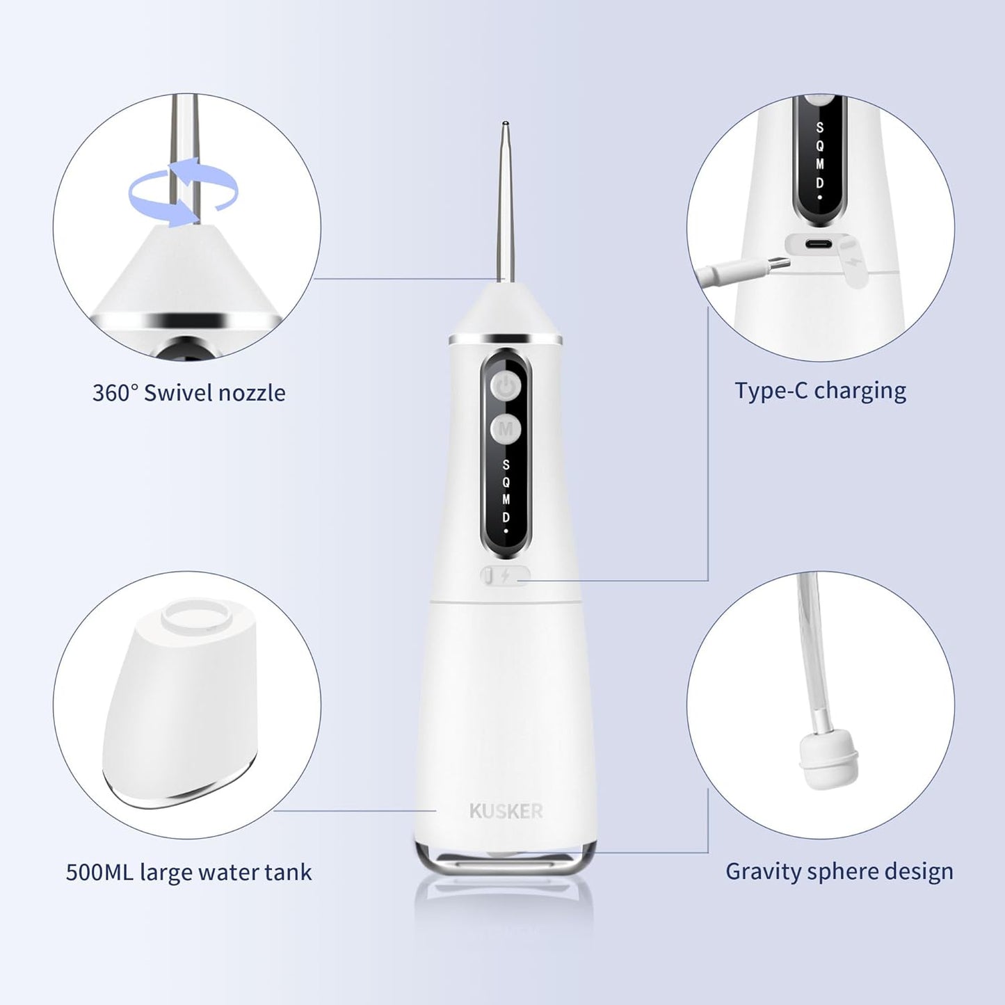 Water Dental Flosser Cordless,  500ML Portable Oral Irrigator for Teeth, 5 Modes and 4 Jet Tips, IPX7 Waterproof, Rechargeable for 30-Days Use, Home, Travel, Braces(White)