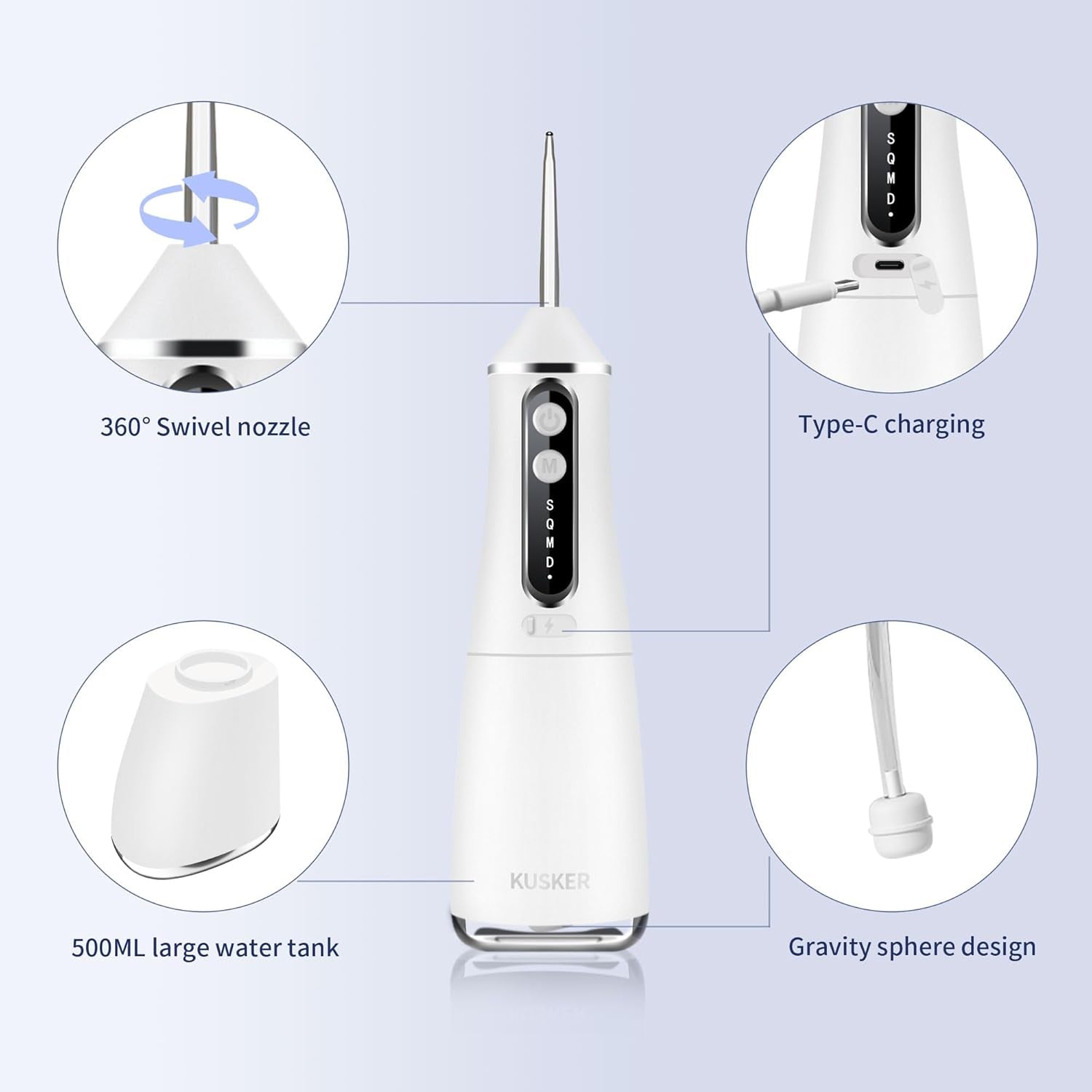 Water Dental Flosser Cordless,  500ML Portable Oral Irrigator for Teeth, 5 Modes and 4 Jet Tips, IPX7 Waterproof, Rechargeable for 30-Days Use, Home, Travel, Braces(White)