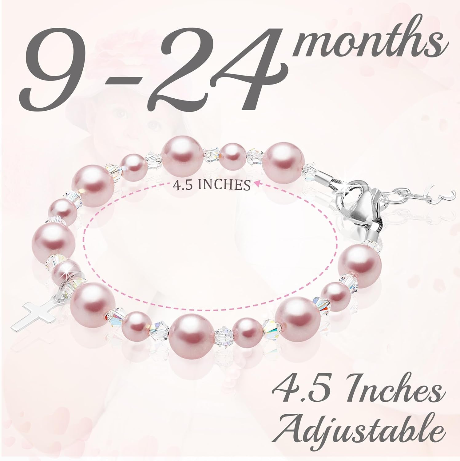 Sterling Silver Cross Charm Pearl Bracelets for Girls - Baptism Gifts for Girl with Rosaline, White Simulated Pearls, First Communion, Christening, Keepsake Girls Jewelry Birthday Gift