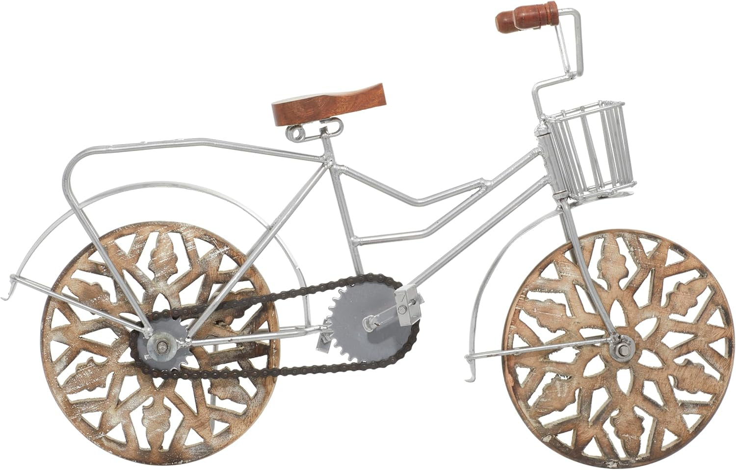 Metal Bike Decorative Sculpture Home Decor Statue with Carved Wood Wheels, Accent Figurine 19" X 5" X 12", Brown