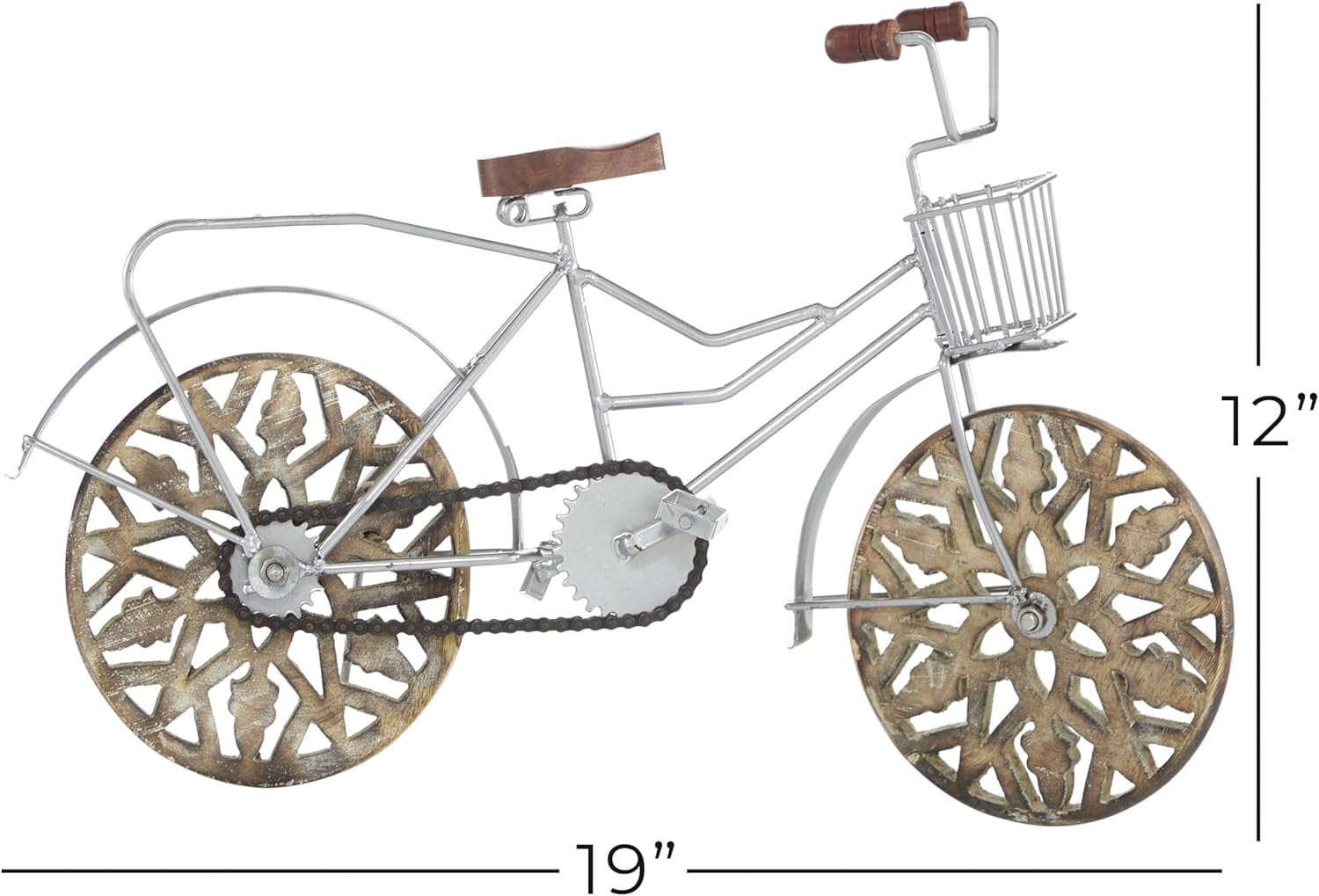 Metal Bike Decorative Sculpture Home Decor Statue with Carved Wood Wheels, Accent Figurine 19" X 5" X 12", Brown