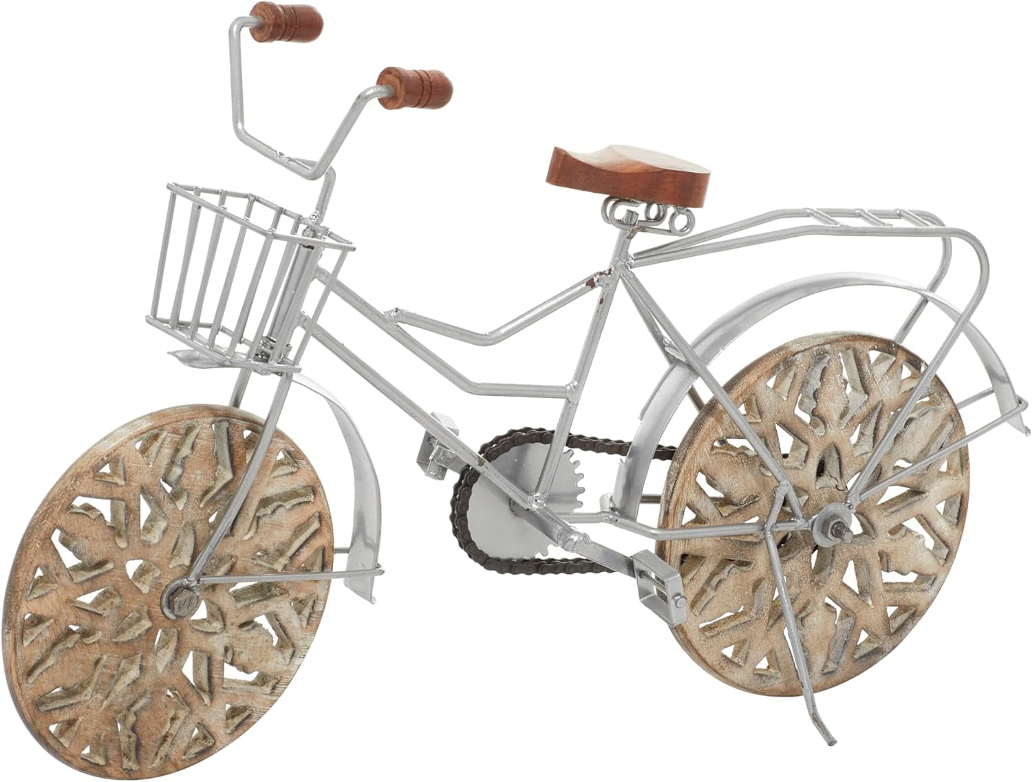Metal Bike Decorative Sculpture Home Decor Statue with Carved Wood Wheels, Accent Figurine 19" X 5" X 12", Brown