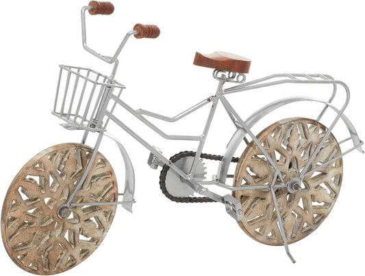 Metal Bike Decorative Sculpture Home Decor Statue with Carved Wood Wheels, Accent Figurine 19" X 5" X 12", Brown