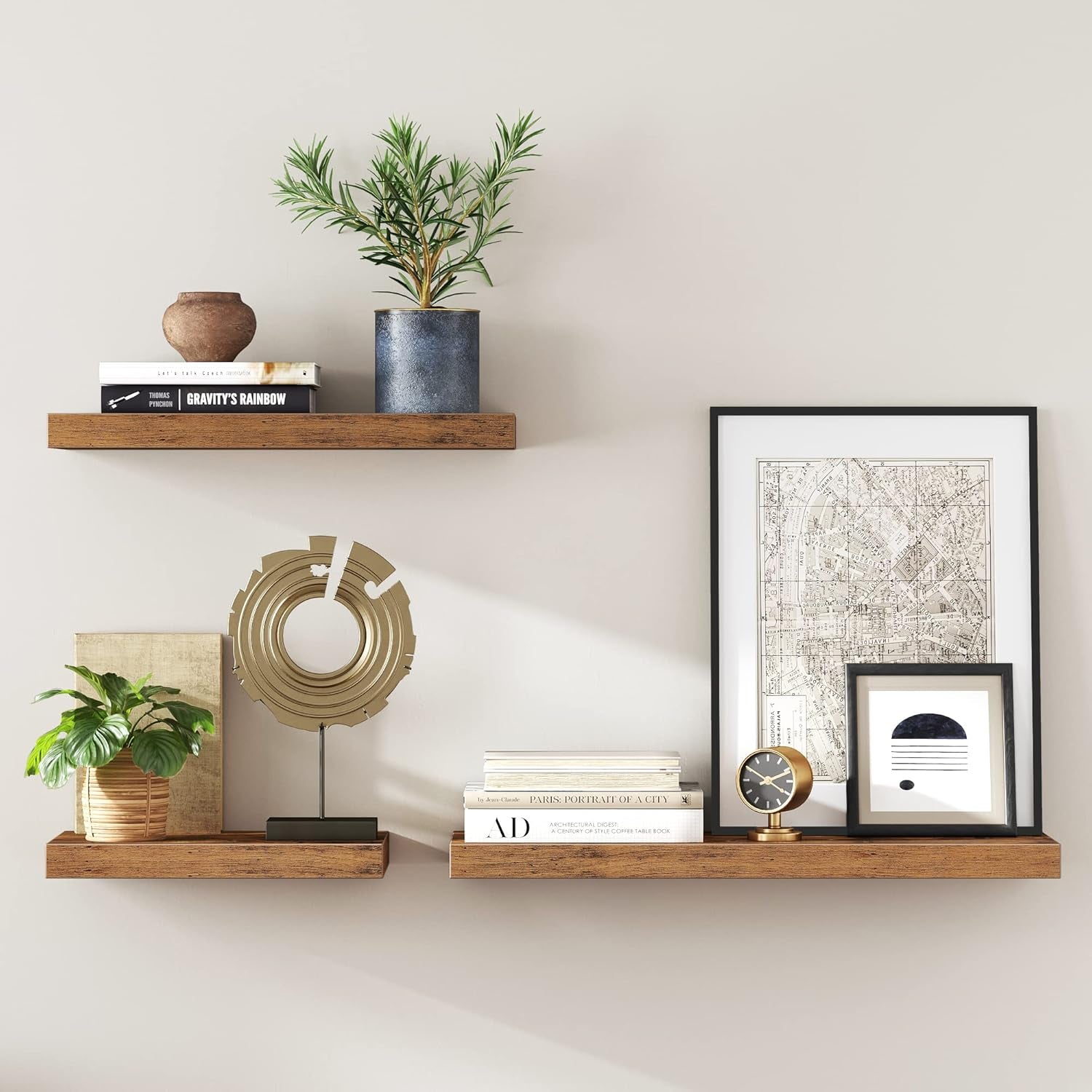 Floating Shelf Set of 2, for Photos, Decorations, in Living Room, Kitchen, Hallway, Entryway, Bathroom, Rustic Brown ULWS026X02